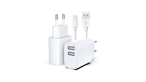 ראש מטען קיר כפול USB-A + כבל טעינה (iPhone Lightning) 12W