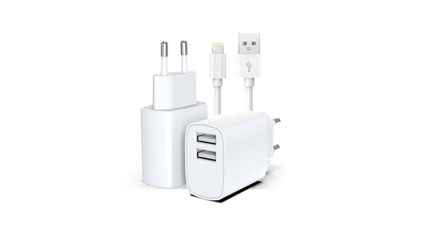 ראש מטען קיר כפול USB-A + כבל טעינה (iPhone Lightning) 12W