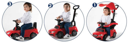 בימבה מרצדס קופה עם מוט דחיפה להורה 3 ב 1 עם קולות בעברית, צלילים וגגון - אדום