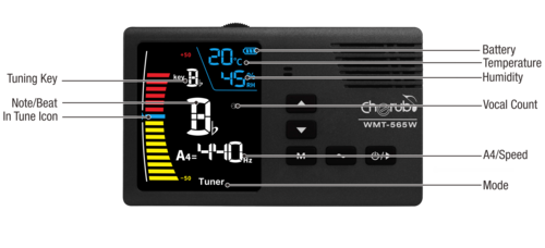 מטרו - טיונר לכלי נשיפה כרומטי עם מד לחות נטען CHERUB WMT-565W