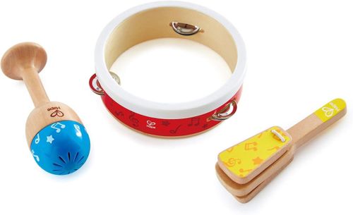 סט 3 כלי נגינה מעץ: תוף מרים, מרקס ורעשן