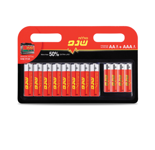 מארז 12 סוללות איכותיות שנפ - 8 AA ו-4 AAA במתח 1.5V. שמירה על מעל 50% ביצועים, מתאימות לכל המכשירים. ב-19₪ בלבד!