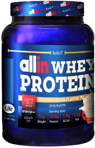 אבקת חלבון וואן וואי OneWhey | בטעם עוגיות | מכיל 759 גרם | אול-אין | ALLIN