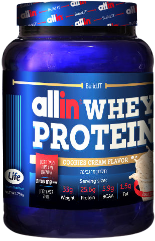 אבקת חלבון וואן וואי OneWhey | בטעם עוגיות | מכיל 759 גרם | אול-אין | ALLIN