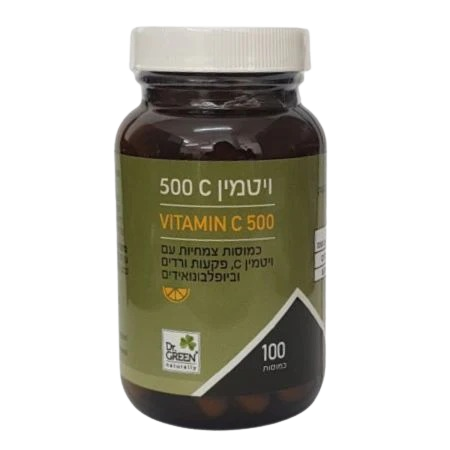 ויטמין C | במינון 500 | מכיל 100 כמוסות | פקעות ורדים וביופלבונואידים | תוסף תזונה | כשר פרווה |  דר. גרין | Dr. Green