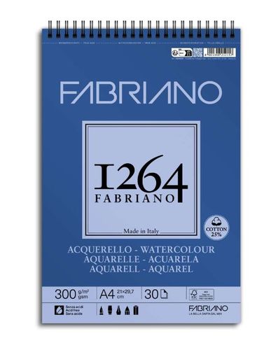 בלוק נייר FABRIANO לאקוורל , עם ספירלה, 25% כותנה, 300 גר' (מגוון גדלים)