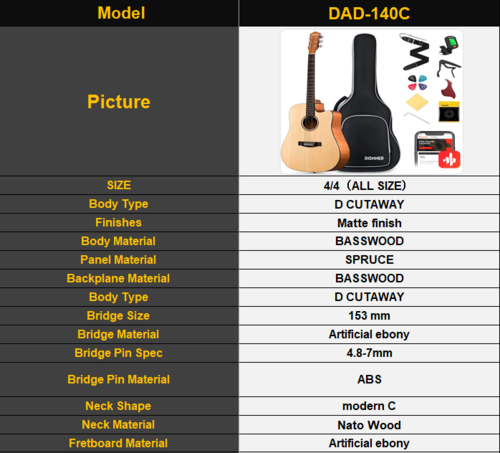 ערכת גיטרה אקוסטית DAD140C בצבע טבעי EC1250 + תיק + קאפו + רצועה + קורס אונליין + מפרטים ועוד | מהבאנדלים המשתלמים בישראל מבית DONNER