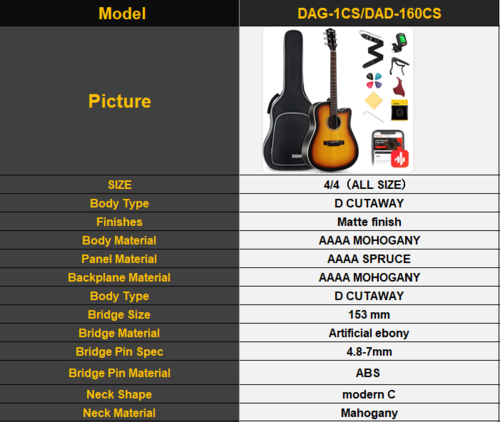 ערכת גיטרה אקוסטית DAG1CS בצבע סאנברסט + תיק + קאפו + רצועה + מפרטים ועוד | מהבאנדלים המשתלמים בישראל מבית DONNER