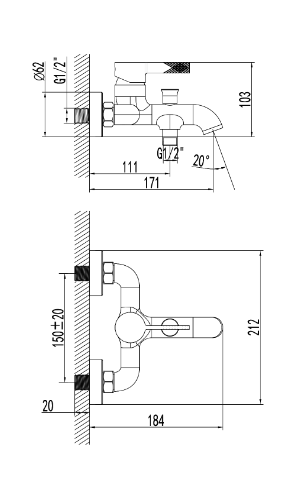 סוללת אמבטיה כולל צינור ומזלף ניקל מבריק 53010