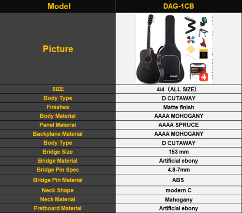 *ערכת גיטרה אקוסטית*- גיטרה אקוסטית DAG1CB בצבע שחור + תיק + קאפו + רצועה + מפרטים ועוד | מהבאנדלים המשתלמים בישראל מבית DONNER