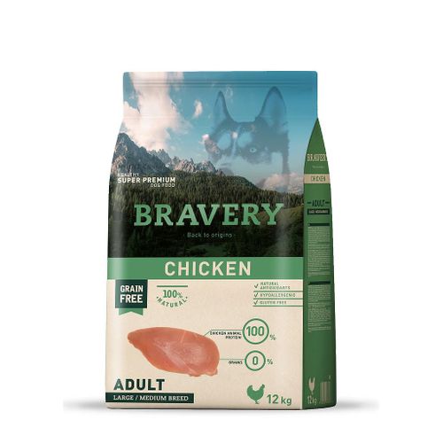 Bravery מזון לכלב בוגר עוף ללא דגנים 12 ק״ג תזונה מאוזנת לכלב