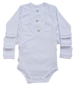 שלישיית בגדי גוף מעטפת שרוול ארוך עם כפפה 100% כותנה 0-3 - לבן