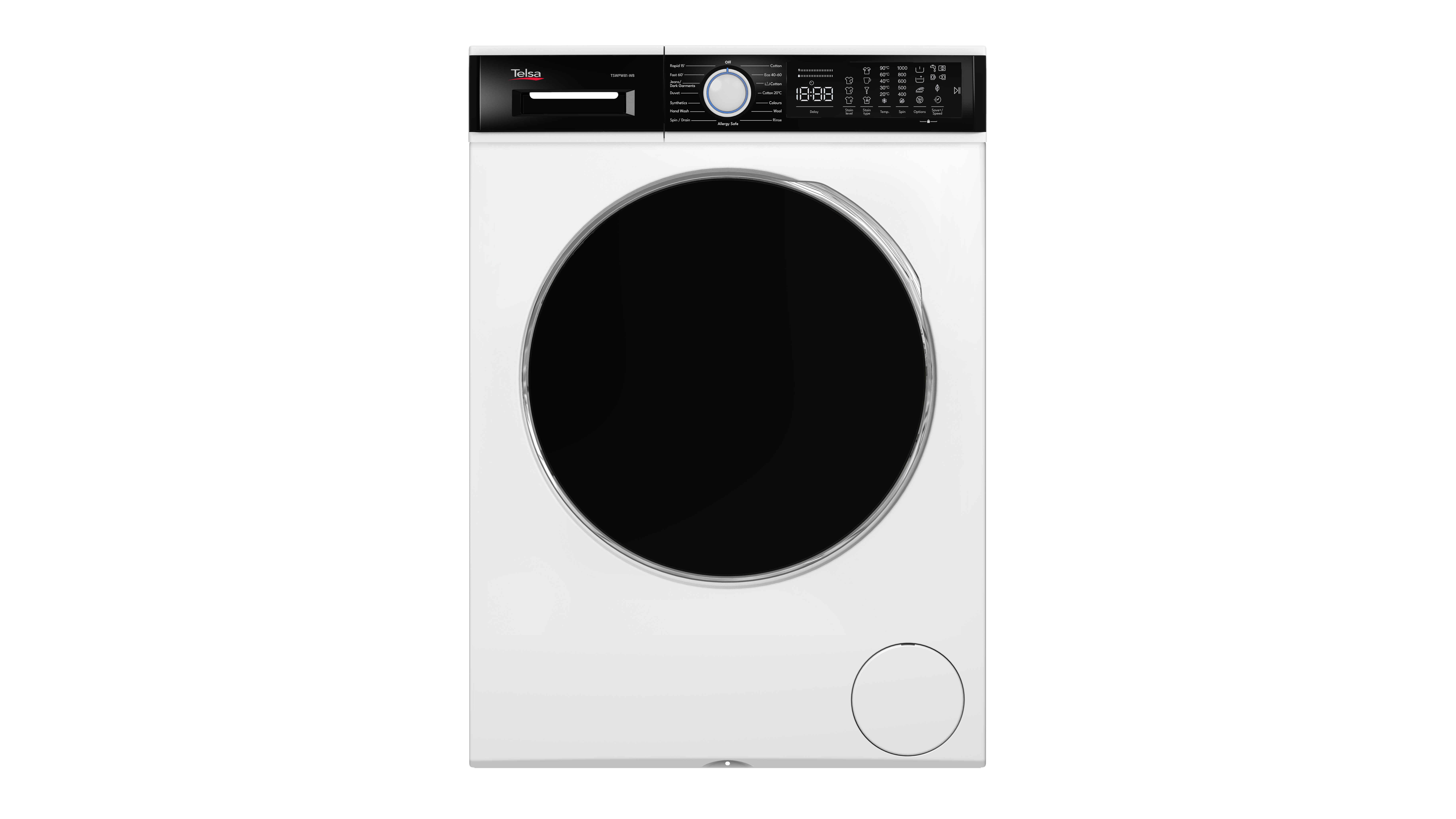 מכונת כביסה 8 ק"ג 1000 סל"ד TELSA 700TS TSWPW81-WB סדרת WHITE-PRINCE– לבן פאנל שחור