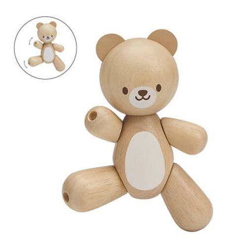 מבט על גפיים זזות של דמות דובי מעץ של PlanToys עם גפיים זזות