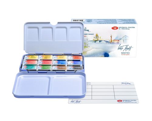 סט צבעי מים מקצועיים 12 קוביות White Nights Artist Water Color קופסת מתכת