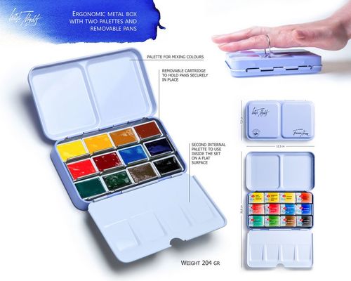 סט צבעי מים מקצועיים 12 קוביות White Nights Artist Water Color קופסת מתכת