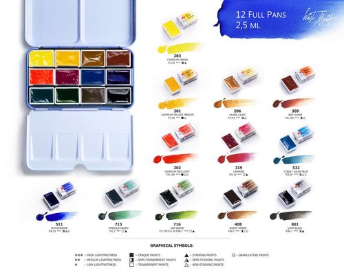 סט צבעי מים מקצועיים 12 קוביות White Nights Artist Water Color קופסת מתכת