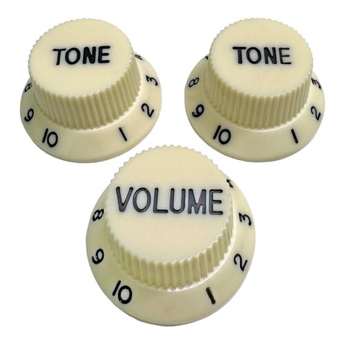 סט 3 כפתורים לגיטרה AX-L484503 AxLabs Strat-Style Knob Kit (3) - Parchment w/ Black Font