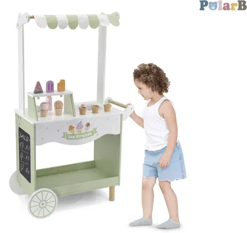  עגלת גלידה גדולה מעץ עם לוח גיר, גגון ושלל אביזרי משחק PolarB