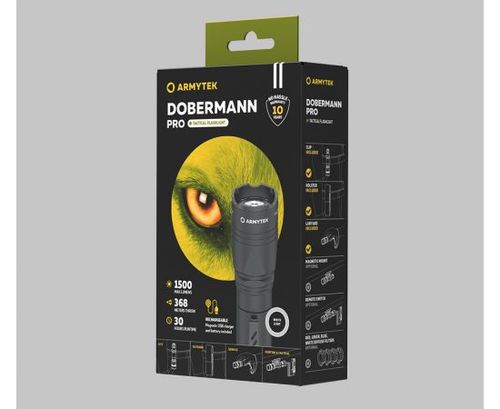 סט פנס טקטי ARMYTEK DOBERMANN PRO עם PTT ומתאם לנשק