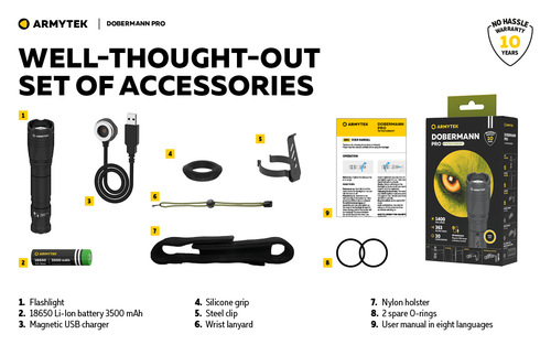 סט פנס טקטי ARMYTEK DOBERMANN PRO עם PTT ומתאם לנשק