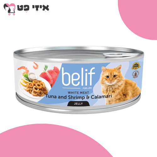 שימור בליף טונה שרימפס וקלמרי בג'לי לחתול בוגר 80 גרם Belif