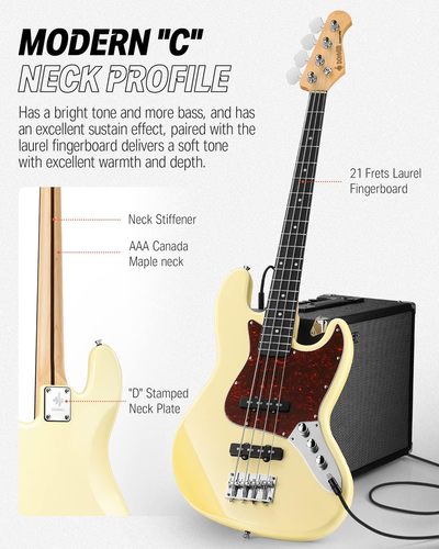 ערכת גיטרה בס DJB-510 הכוללת תיק נשיאה + רצועה + כבל + משענת אגודל + שיעורי אונליין | בצבע לבן מבית DONNER