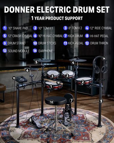 חבילת מערכת תופים אלקטרונית DED-200 MAX + כסא ואוזניות מבית DONNER