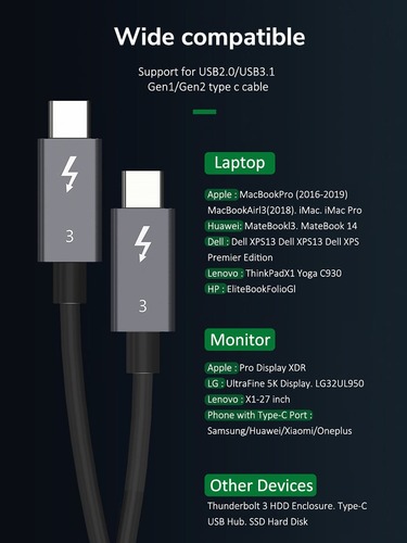 CableTime High Speed Thunderbolt 3 Cable 40gbps 100W 2m