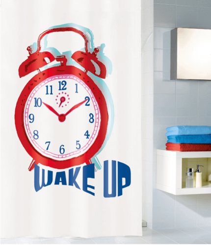 וילון לאמבטיה Wake Up 180x200 - לבן עם כחול ואדום