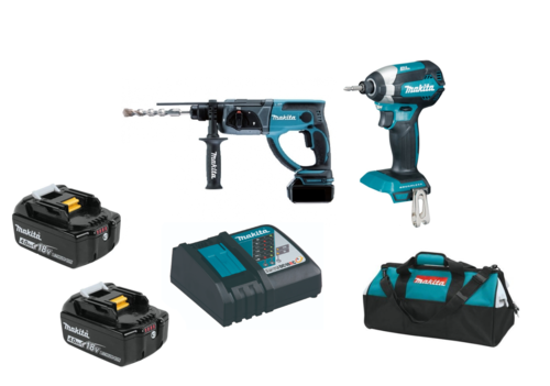 סט כלים 18V נטען פטישון + מברגת אימפקט + סוללות 4 אמפר + מטען ותיק בינוני - MAKITA DXL3016