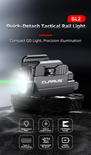 פנס כולל ציין לייזר טקטי לאקדח  KLARUS GL2 1000 Lumens Compact Tactical Rail Light