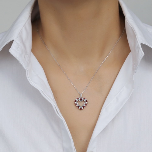שרשרת ותליון לב רובי ויהלומים מזהב 14K