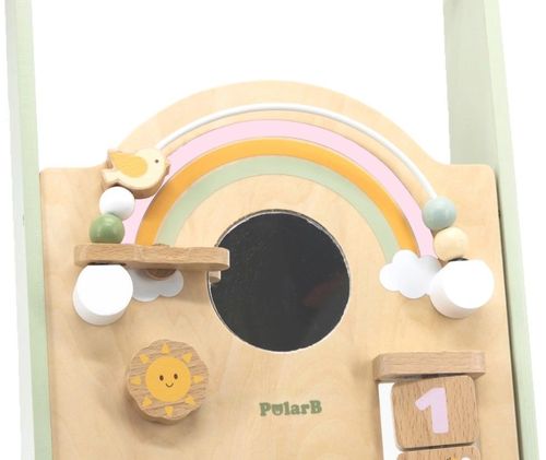 הליכון מעוצב מעץ מלא עם חרוזים, גלגלי שיניים מסתובבים, קוביות ומגוון פעילויות