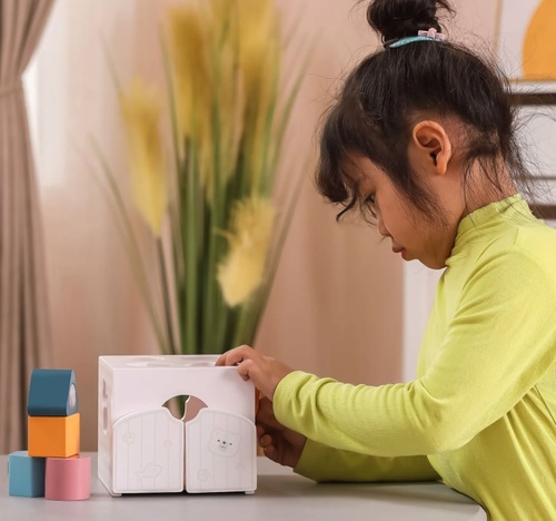 משחק התאם צורה מעץ מלא עם דלתות נפתחות, 4 צורות גיאומטריות ו 3 דמויות חיות