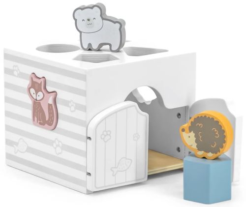 משחק התאם צורה מעץ מלא עם דלתות נפתחות, 4 צורות גיאומטריות ו 3 דמויות חיות