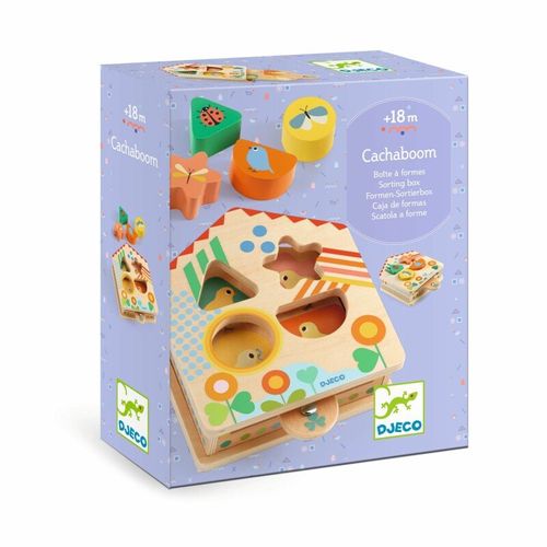 משחק התאמת צורות מעץ קאצה בום של ג'קו (Djeco) עם קוביות צבעוניות באריזה