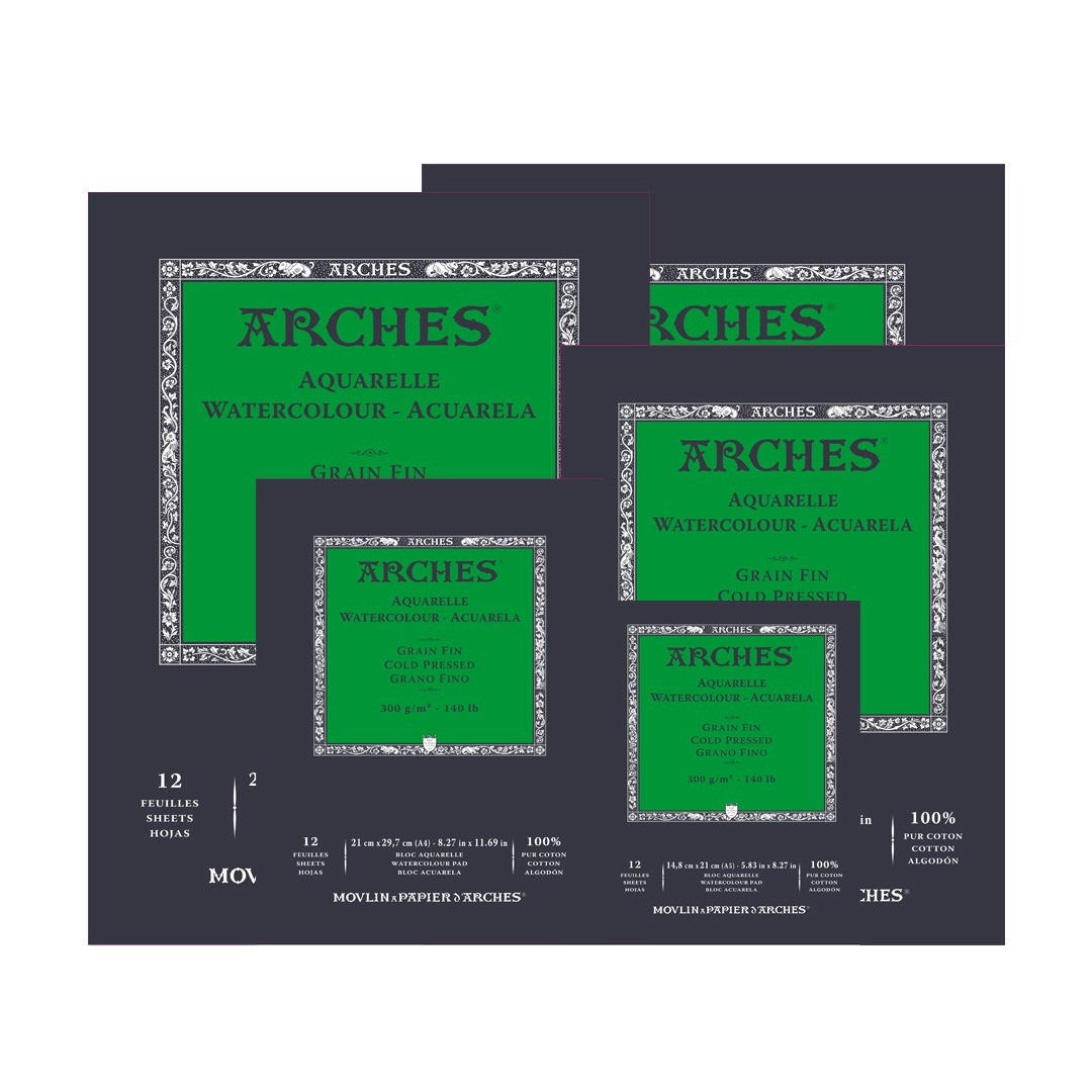 בלוק נייר 100% כותנה לצבעי מים מבית ARCHES כבישה קרה, 12 דפים, 300 גר