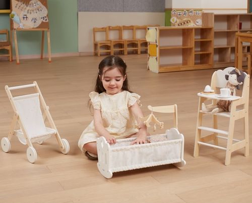 כיסא גבוה לבובה מעץ מלא - לבן/עץ טבעי