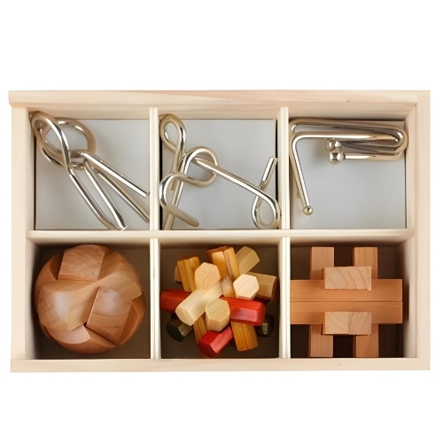 מארז עץ 6 משחקי חשיבה Puzzles set