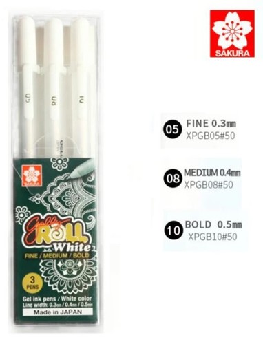 3 עטים לבנים SAKURA GELLY ROLL עובים שונים