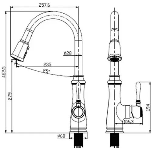 ברז נשלף ענתיק עם פיה שחורה, דגם 12182, מותג ורד.