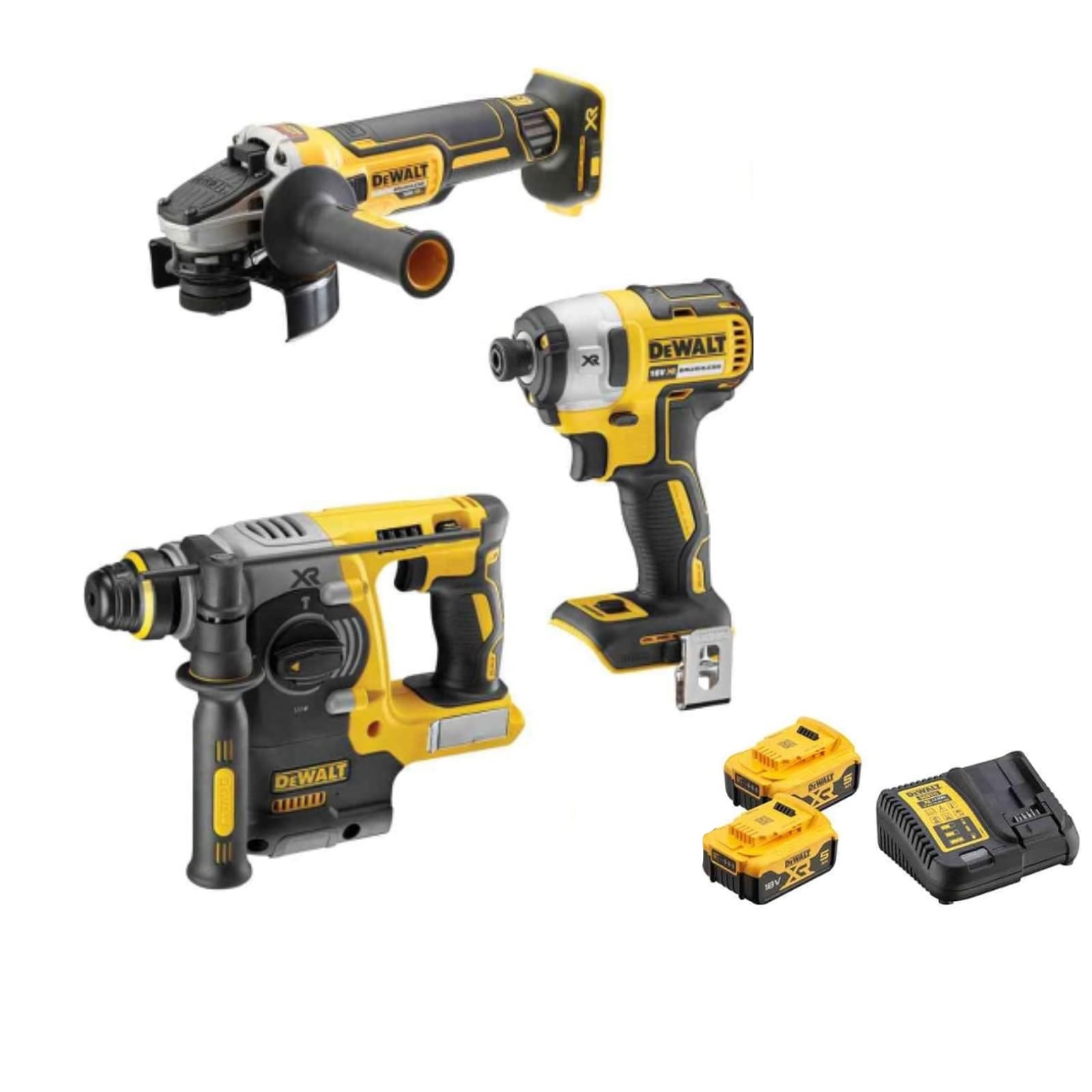 סט פטישון + מברגת אימפקט + משחזת 18V +  שתי סוללות 5.0AH DEWALT