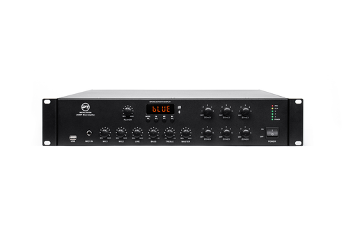 מגבר Class D + שנאי קו 70v/100v, הכולל 6 אזורים 2 כניסות mic/aux נגן BT/USB בהספק כולל 600W