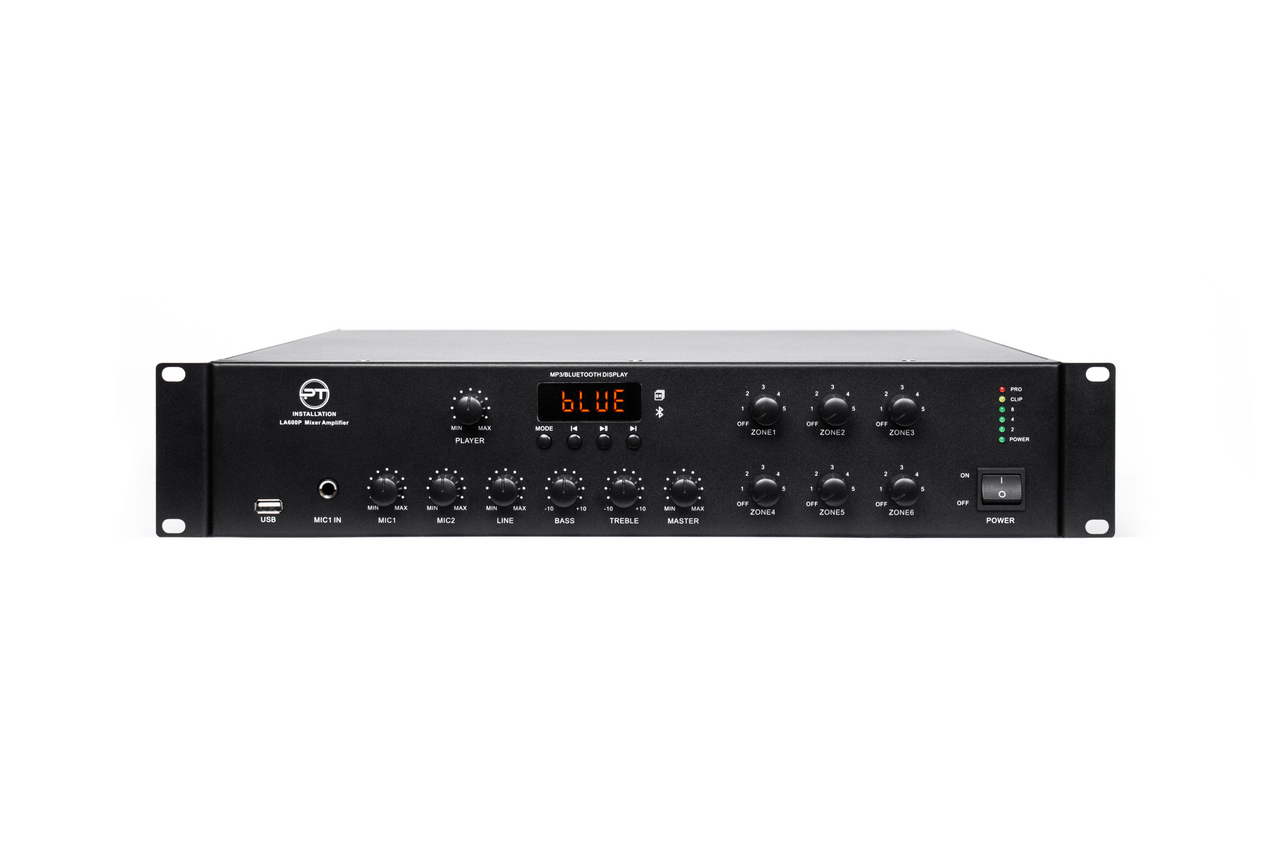 מגבר + שנאי קו 70v/100v, הכולל 6 אזורים 2 כניסות mic/aux נגן BT/USB בהספק כולל 200W