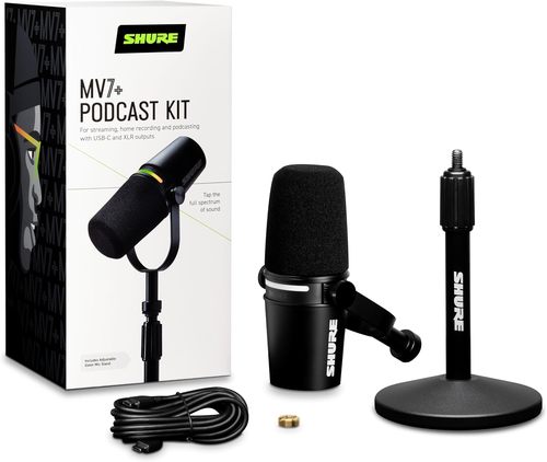 מיקרופון דינאמי SHURE MV7+K-BNDL חדש עם סטנד עגול שחור טלסקופי