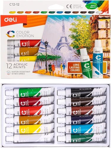 סט 12 צבעי אקריליק DELI COLOR EMOTION, שפורפרות 12 מ