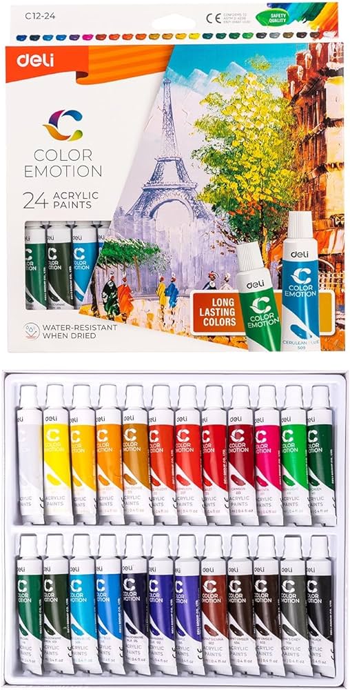 סט 24 צבעי אקריליק DELI COLOR EMOTION, שפורפרות 12 מ"ל, צבעי יסוד