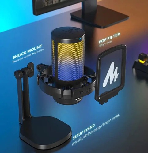 מיקרופון לגיימינג בחיבור USB למחשב עם ביטול רעשים ותאורה RGB דגם Maono DGM20