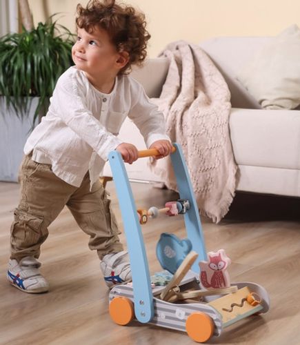 הליכון חיות מעץ מלא עם חיות נעות, חרוזים וגלגלי שיניים מסתובבים